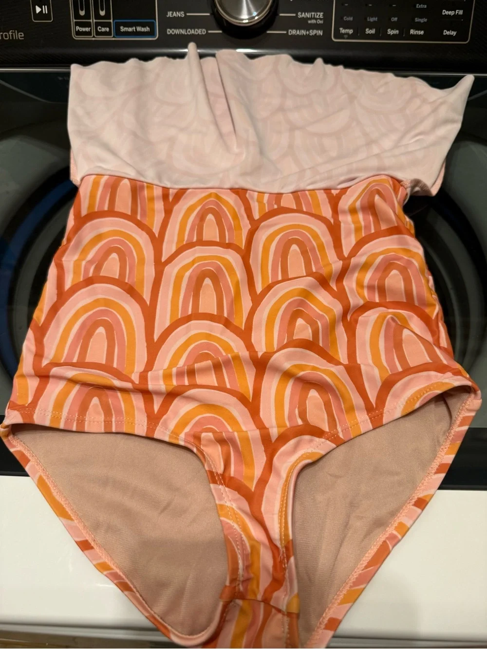 Girl’s High-Waist Swim Skirt with Shorts - Pink Orange Rainbow Print